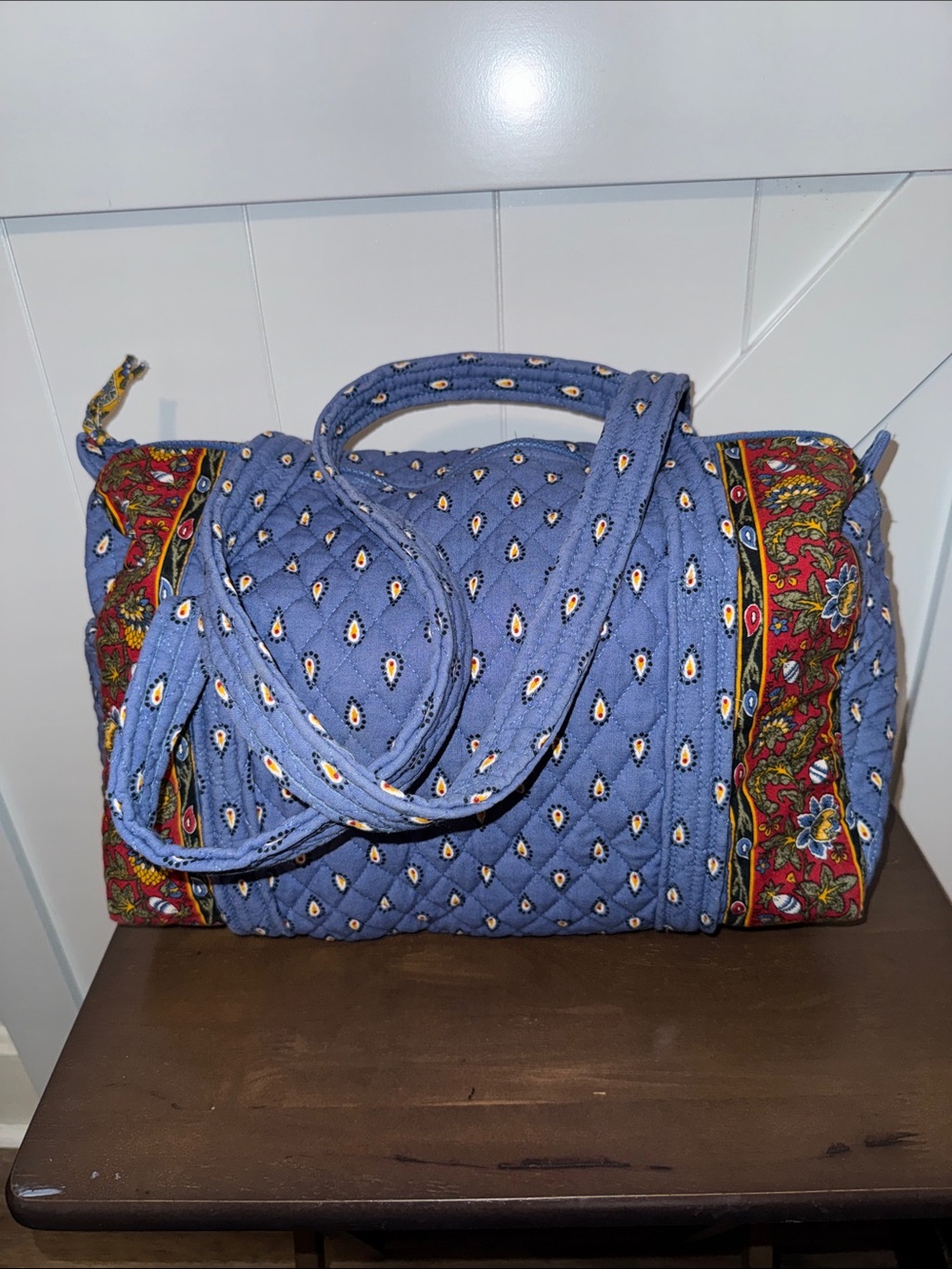Vera Bradley Quilted Blue Patterned Shoulder Duffel Bag with Red Paisley Trim